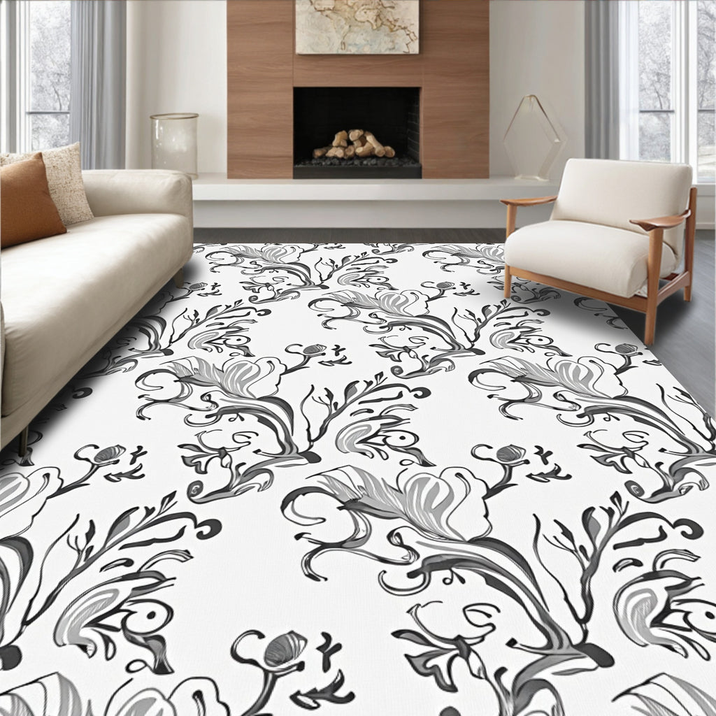 Grayscale Botanical Swirl Flourish Rug
