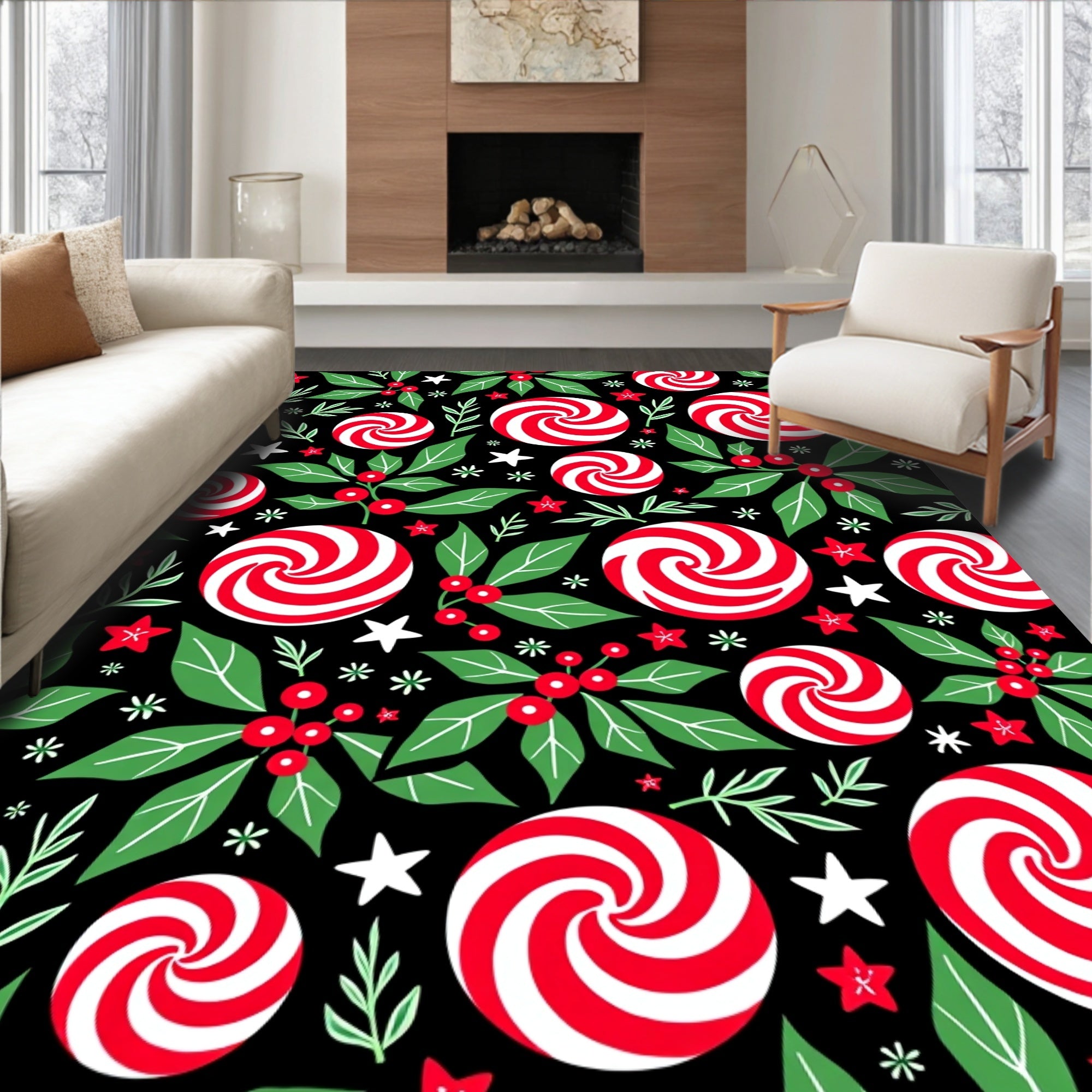 Festive Red White Peppermint Holly Rug
