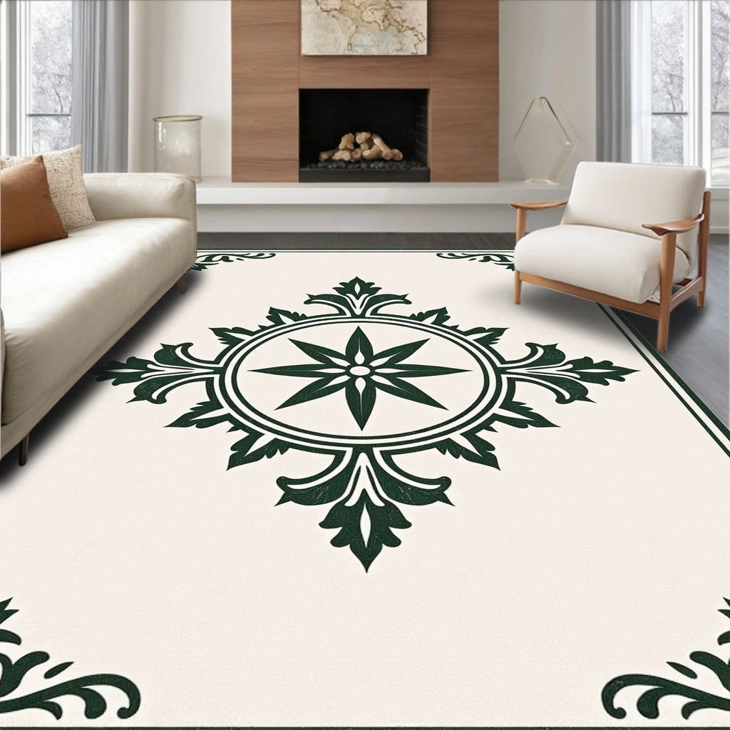 Vintage Green Floral Medallion Frame Rug