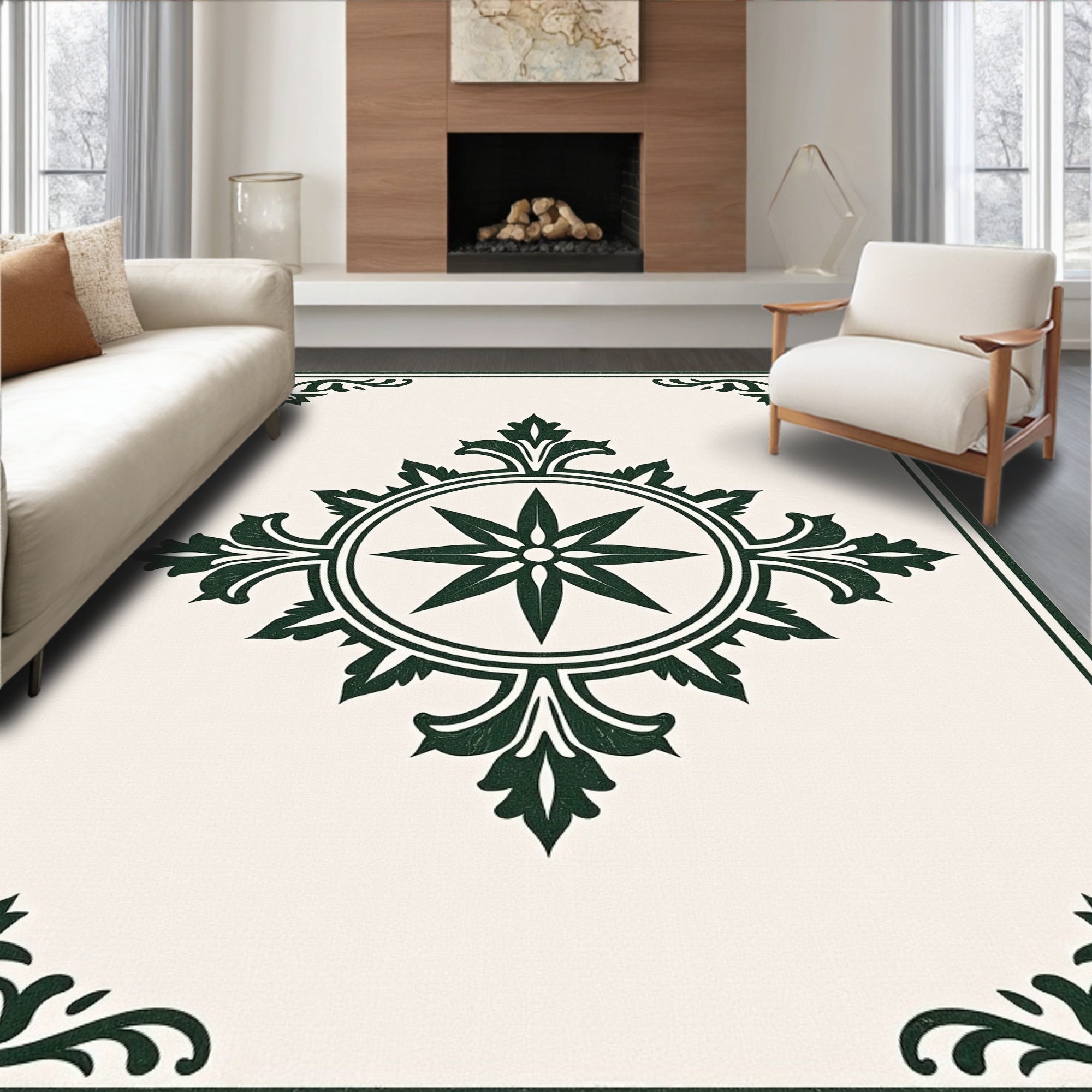 Vintage Green Floral Medallion Frame Rug