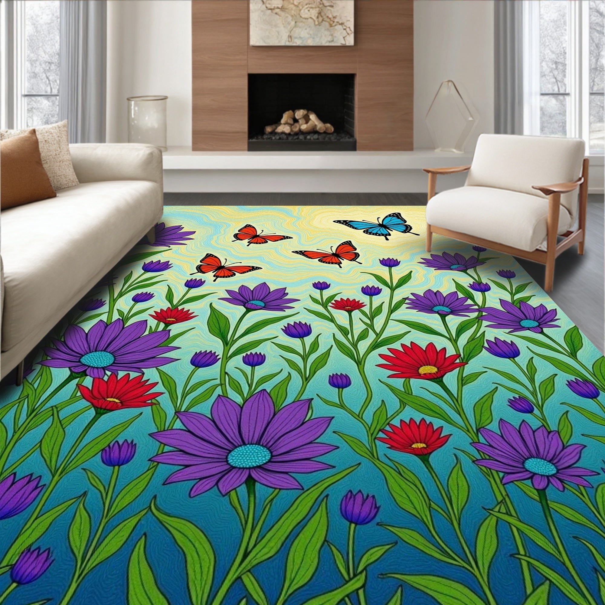 Whimsical Butterfly Garden Floral Rug