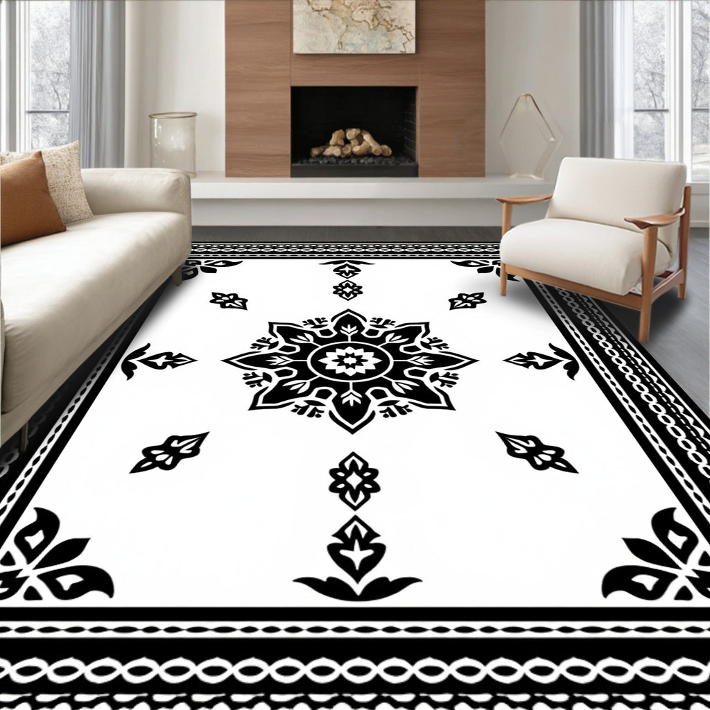 Classic Black White Medallion Border Rug