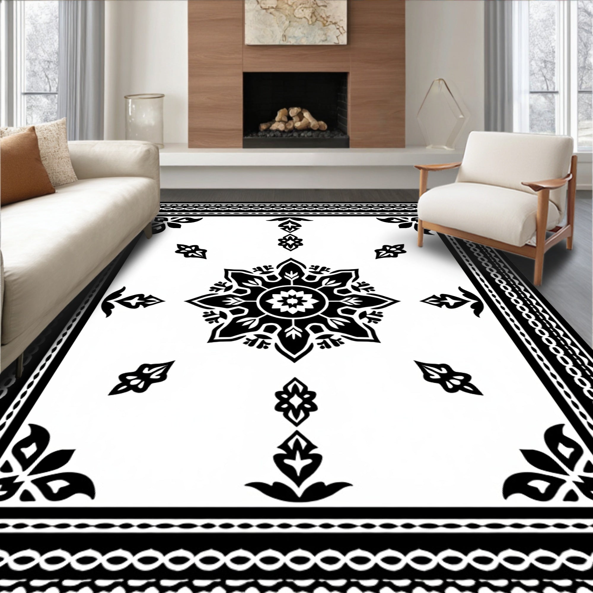 Classic Black White Medallion Border Rug