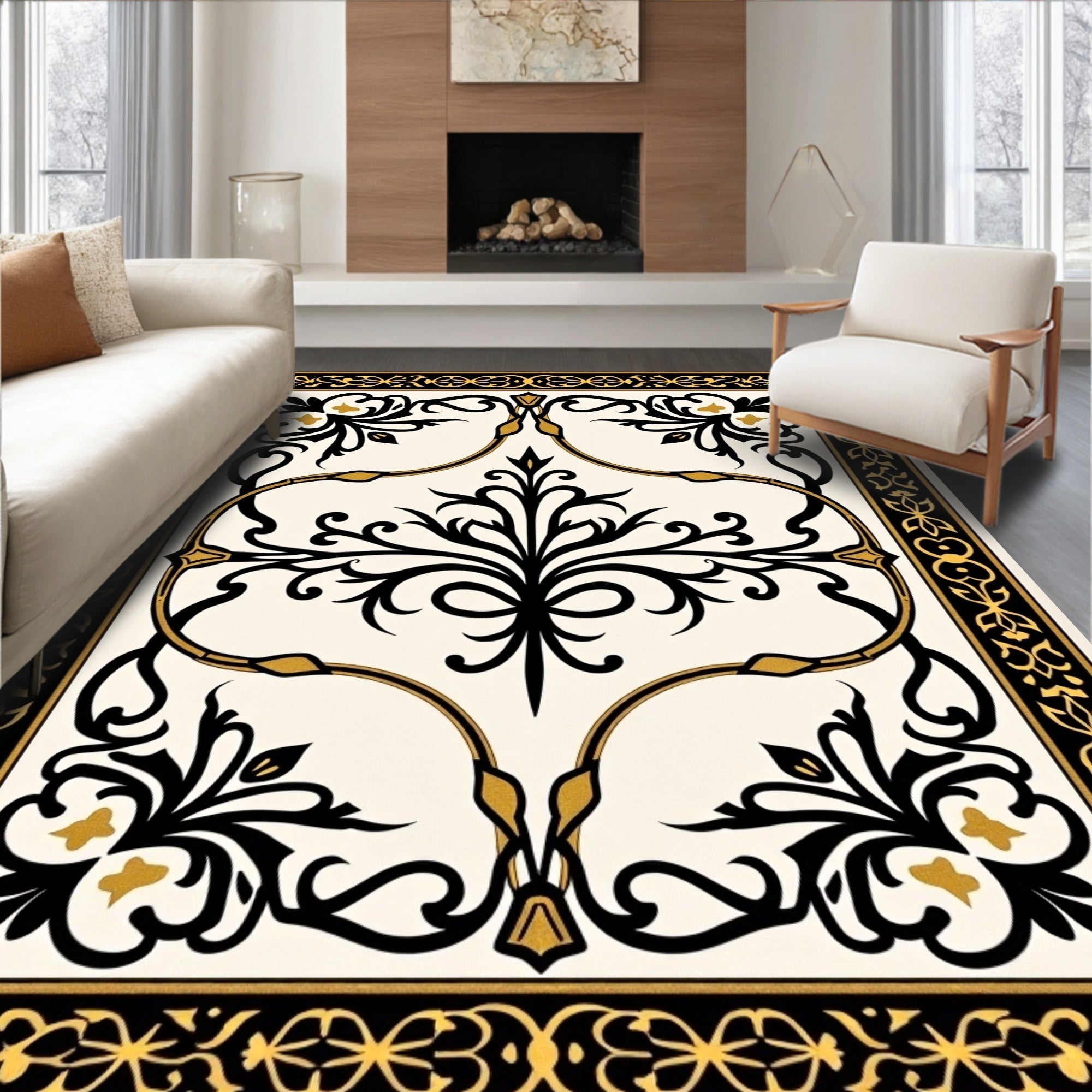 Ornate Black Gold Arabesque Floral Rug