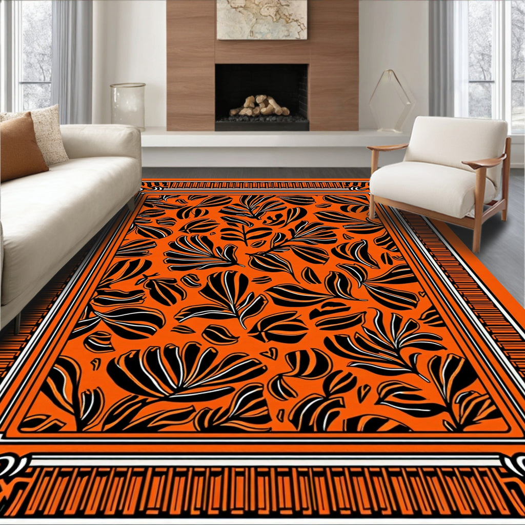 Bold Orange Black Leaf Scatter Rug