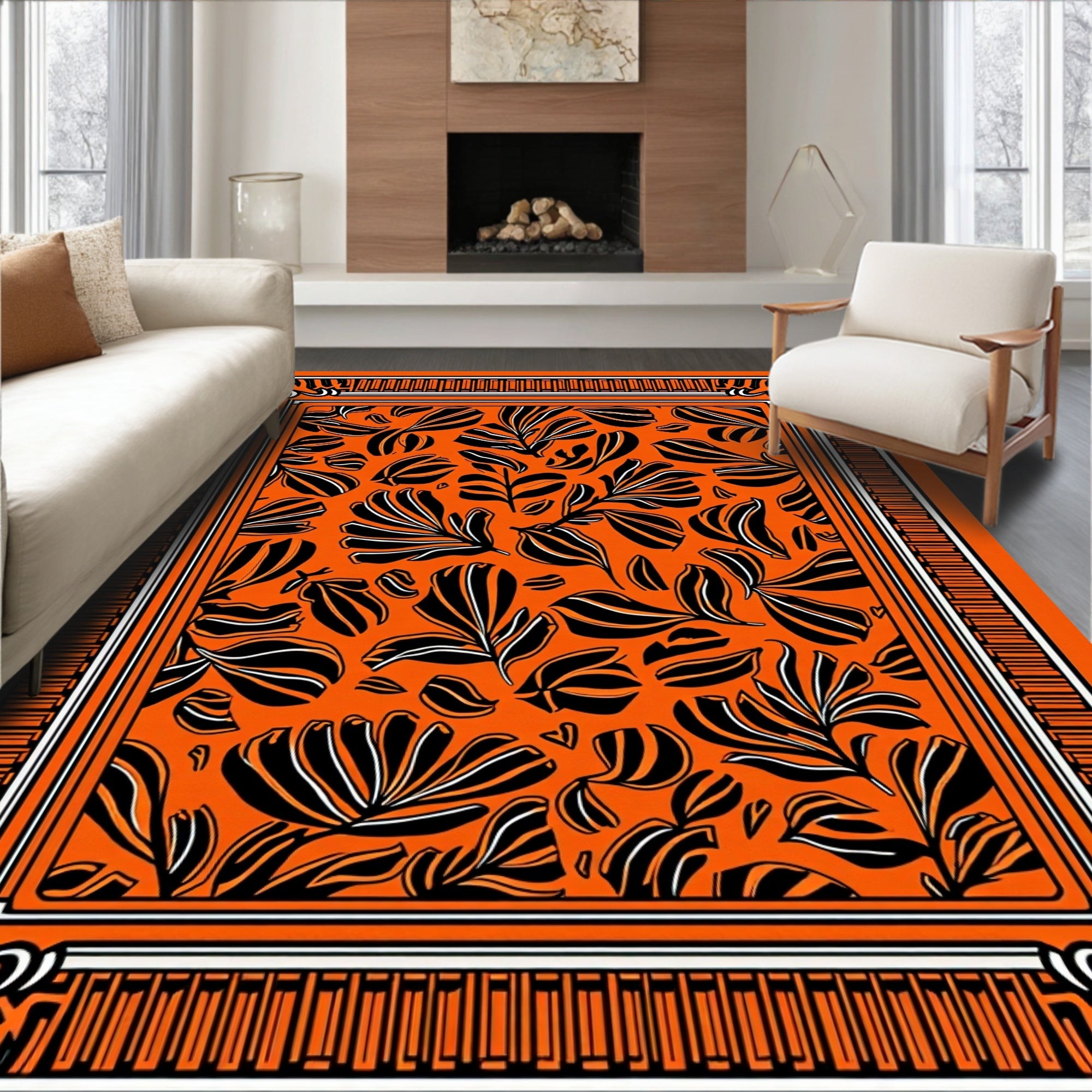 Bold Orange Black Leaf Scatter Rug