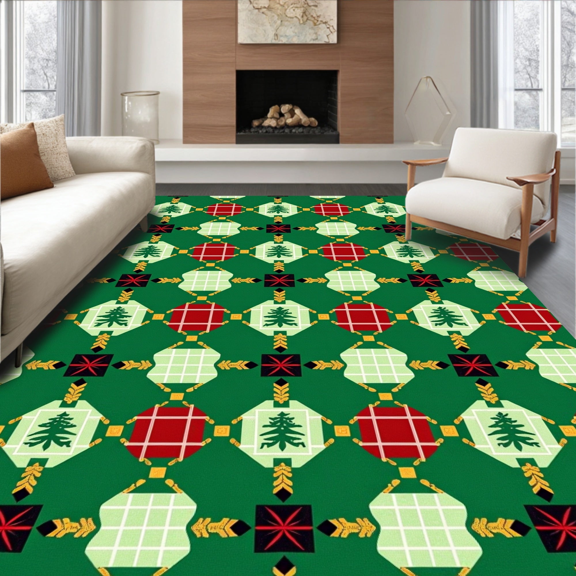 Green Red Plaid Diamond Tree Ornament Rug