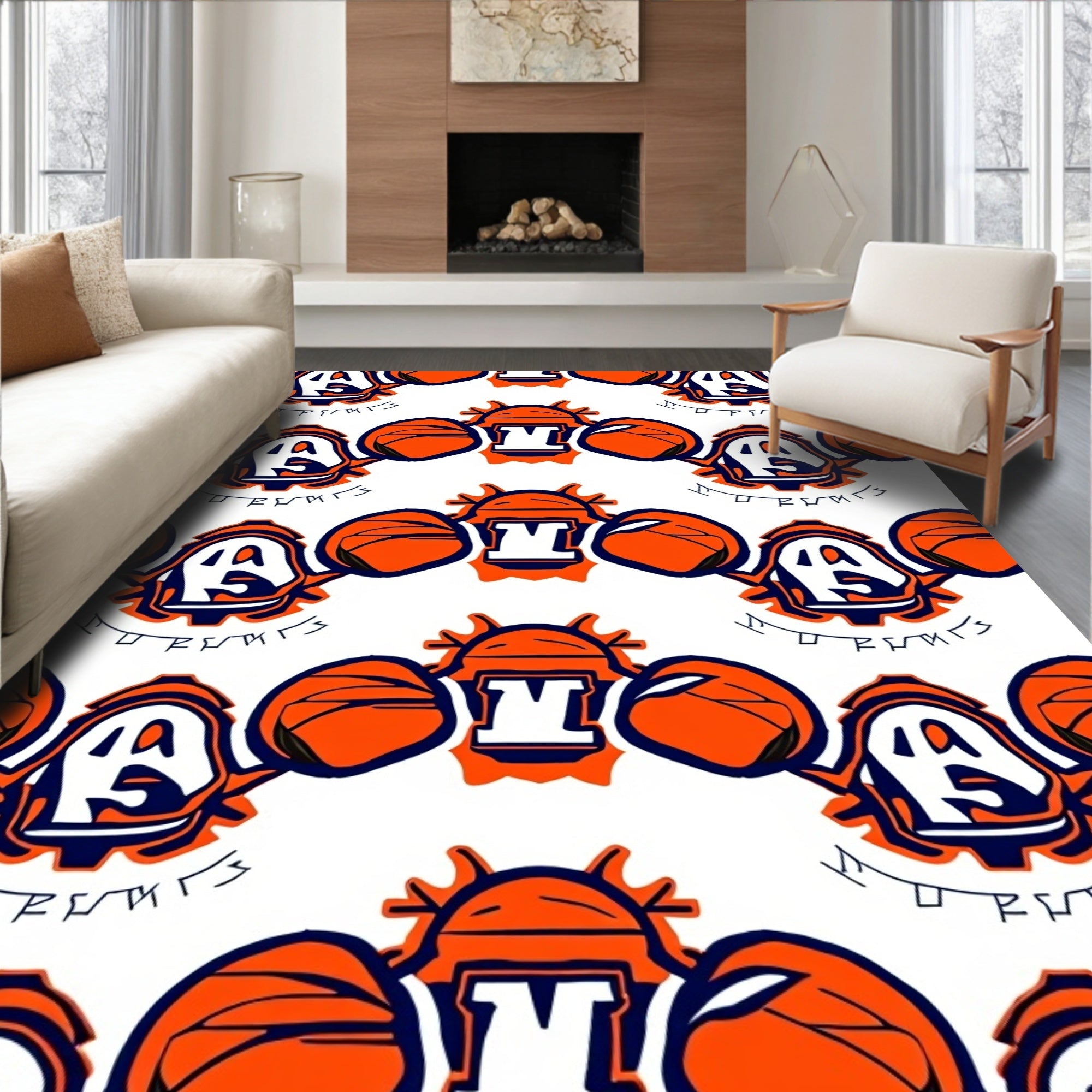 Orange White Athletic Emblem Repeating Rug