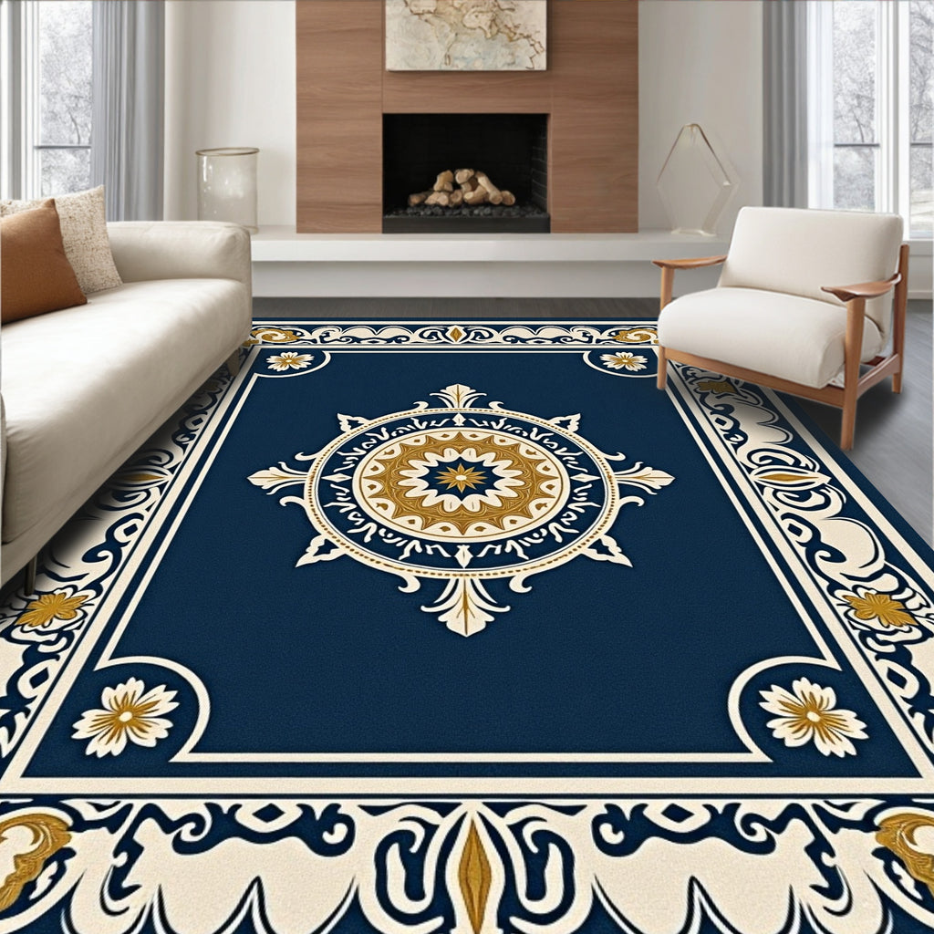 Elegant Navy Gold Medallion Border Rug