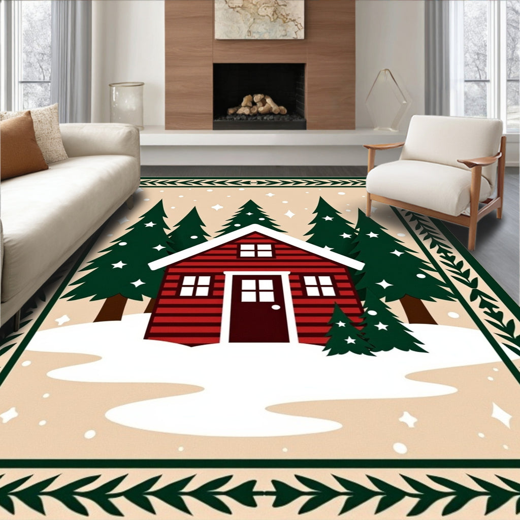 Cozy Red Cabin Snowy Forest Scene Rug