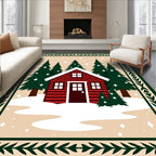 Cozy Red Cabin Snowy Forest Scene Rug