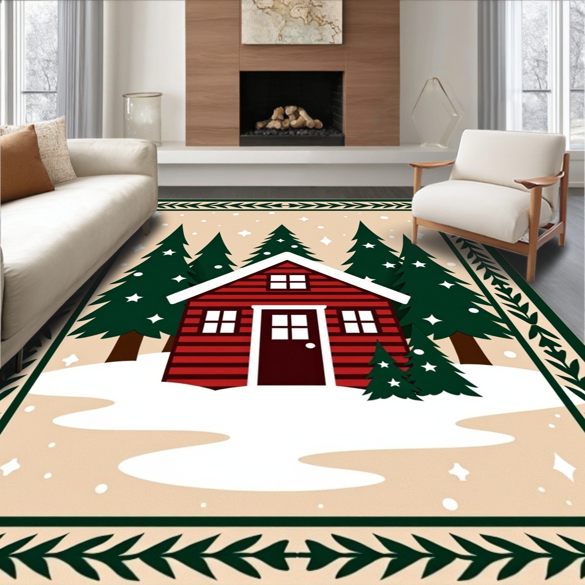 Cozy Red Cabin Snowy Forest Scene Rug