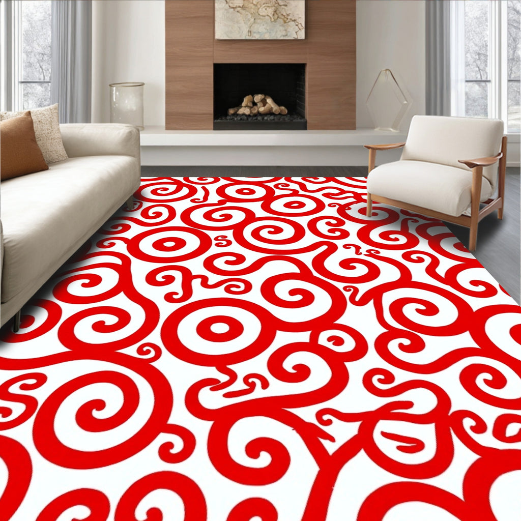 Crimson Coiled Curls Over White Rug
