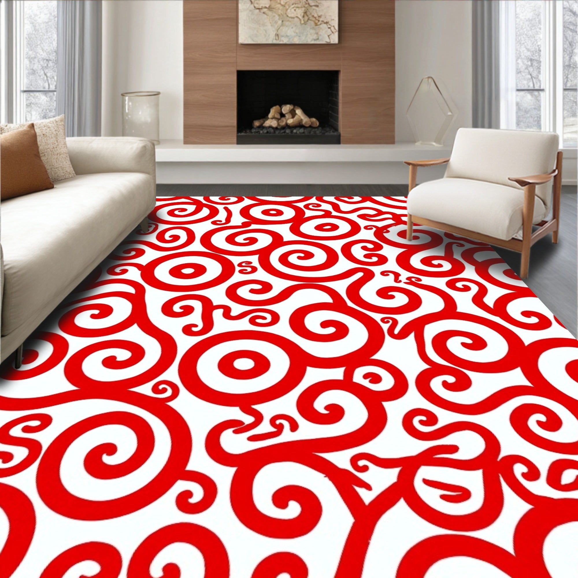 Crimson Coiled Curls Over White Rug