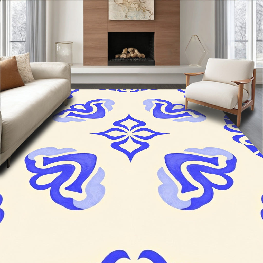 Abstract Blue Swirls on Cream Rug