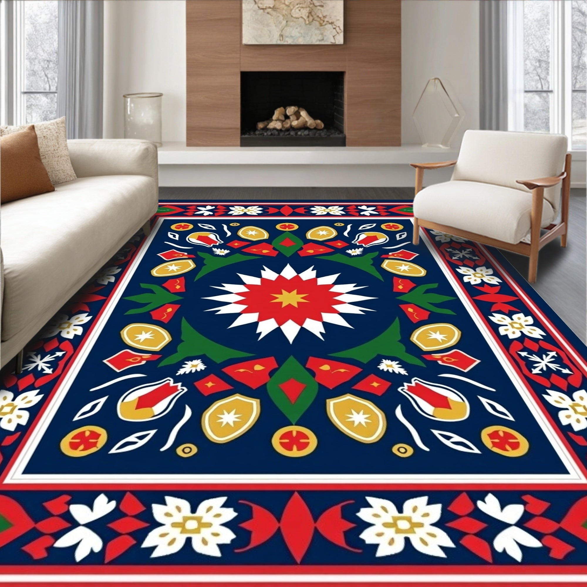 Bold Navy Red Floral Medallion Rug
