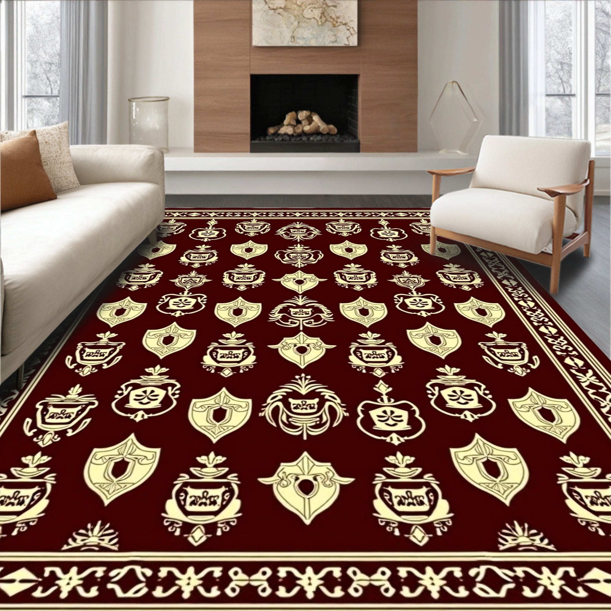 Maroon Cream Crest Medallion Border Rug