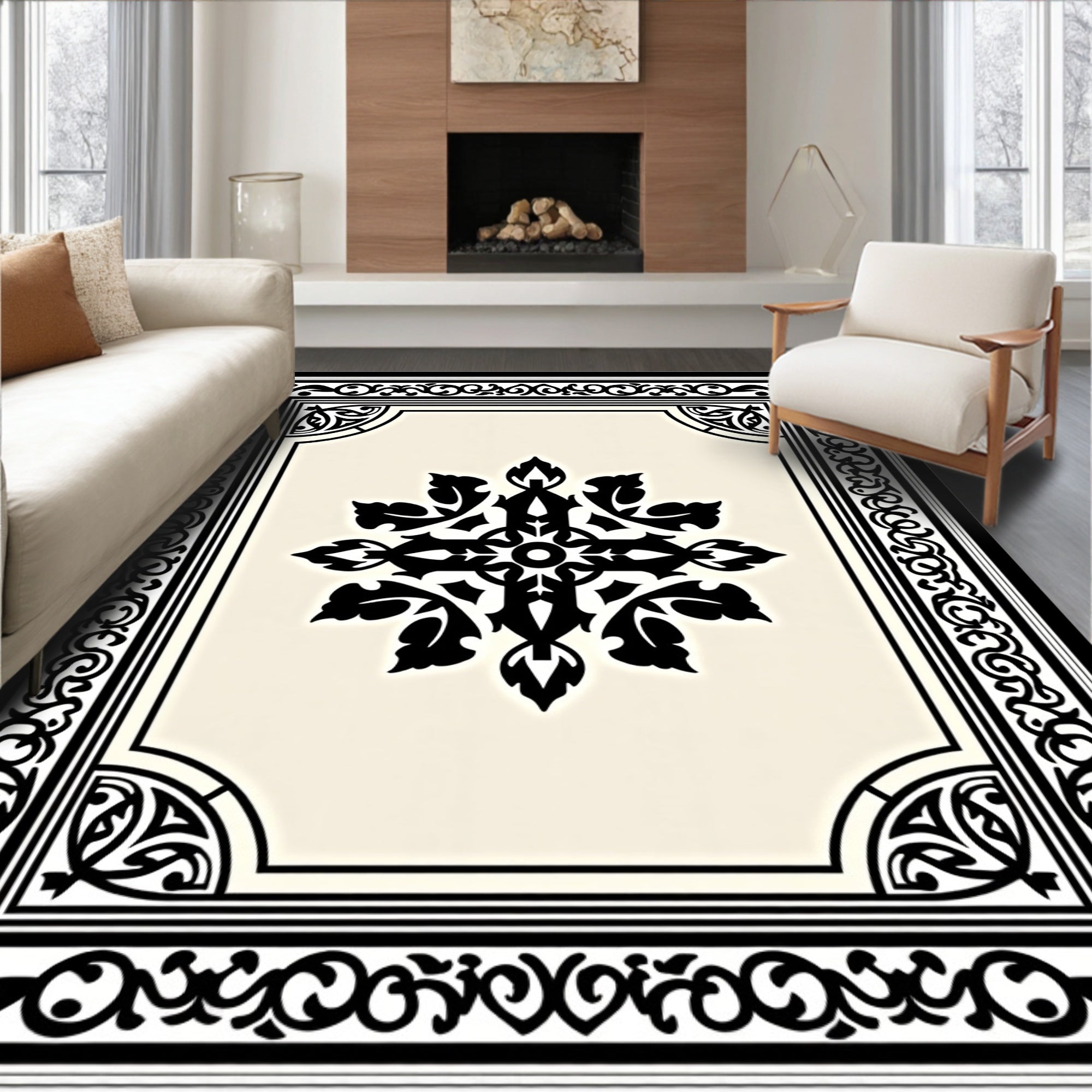 Black Cream Ornate Floral Central Medallion Rug