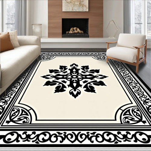 Black Cream Ornate Floral Central Medallion Rug