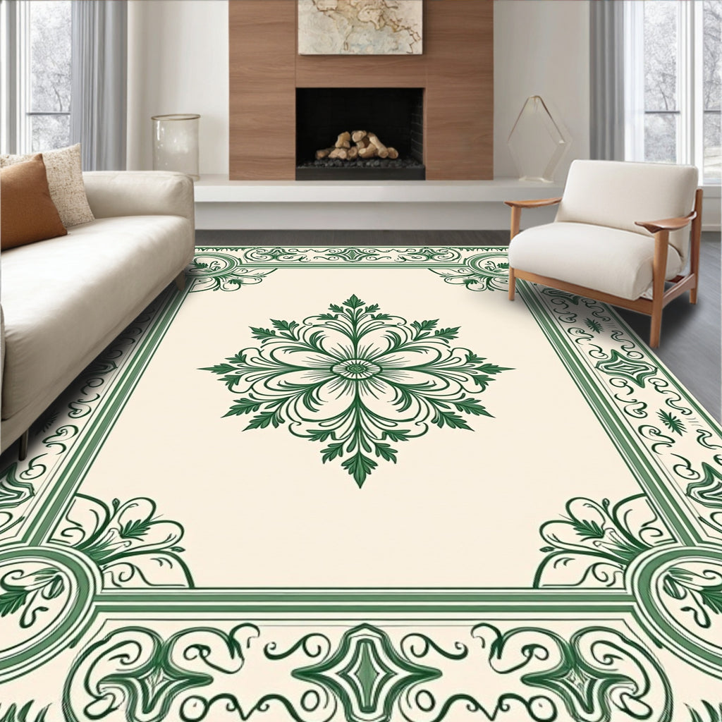 Elegant Green Floral Medallion Border Rug