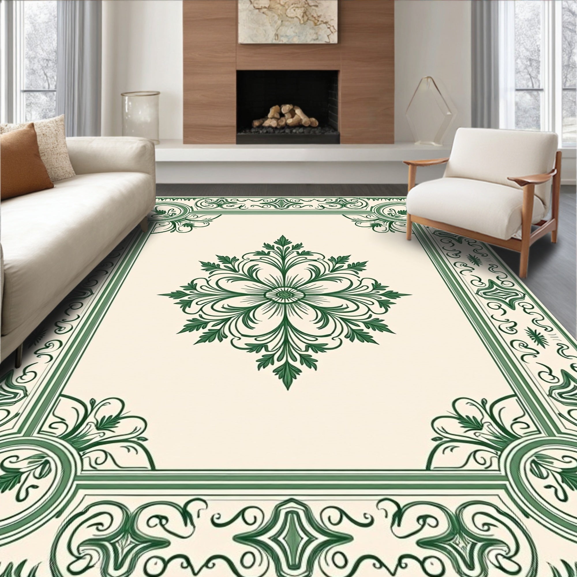 Elegant Green Floral Medallion Border Rug