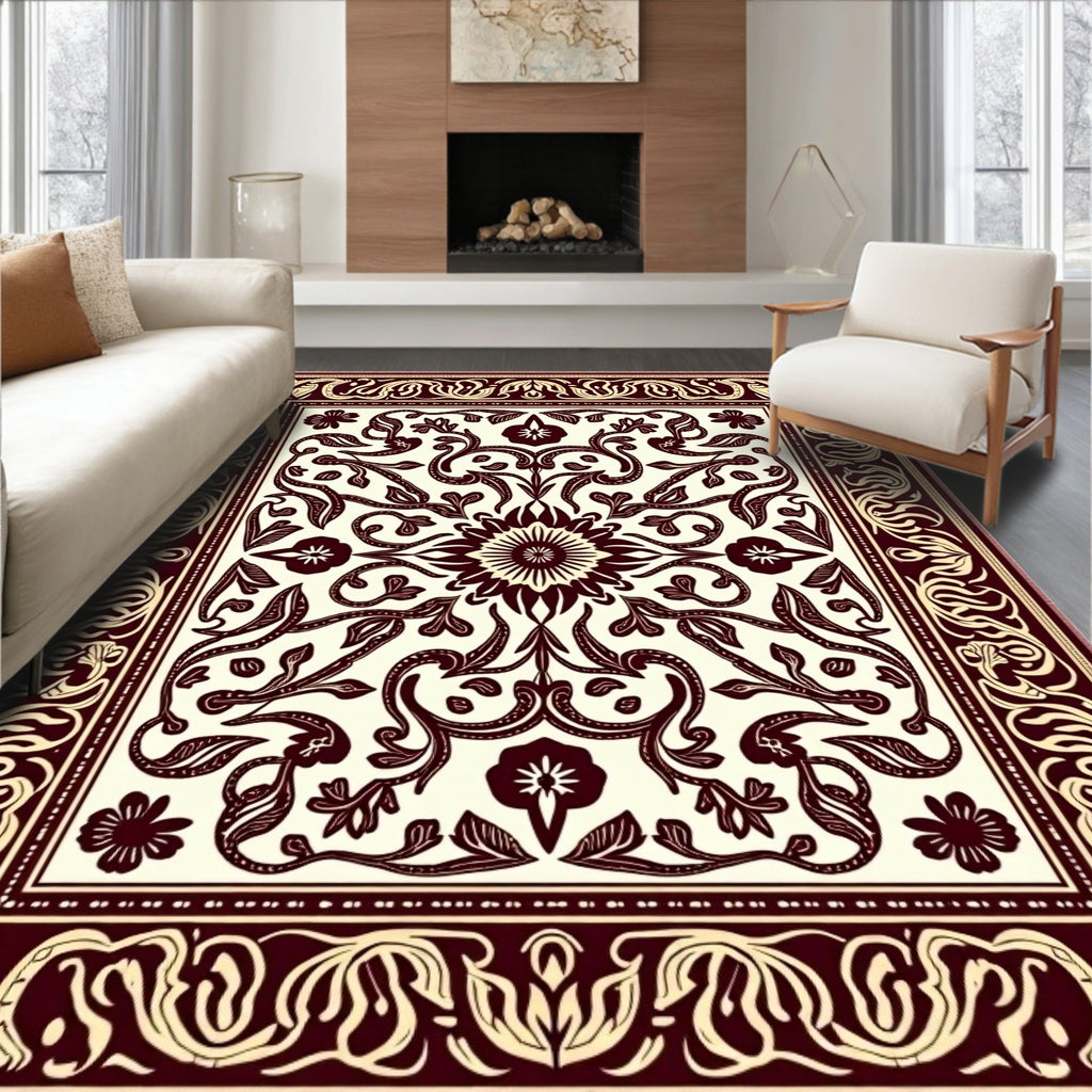 Maroon Cream Floral Medallion Border Rug