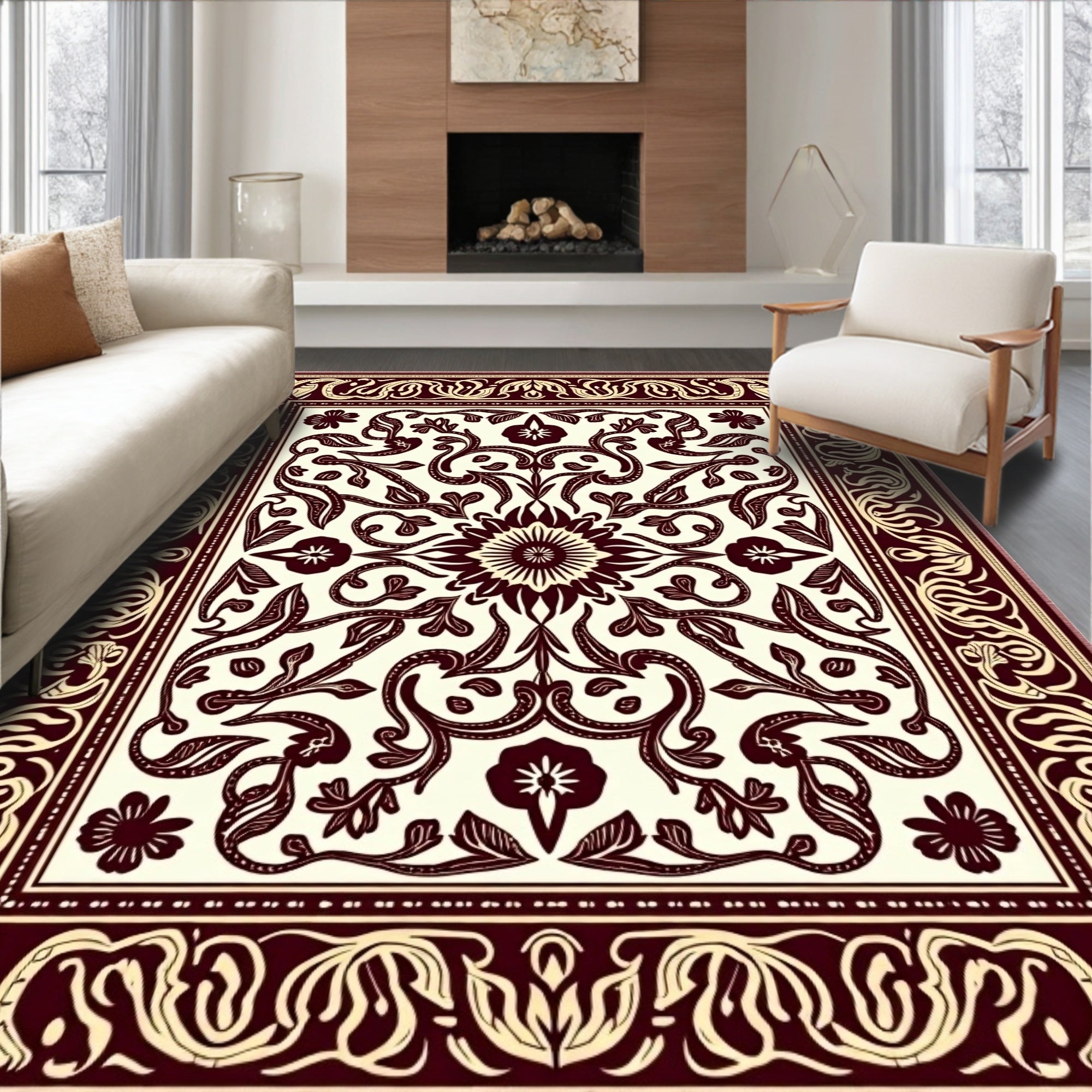 Maroon Cream Floral Medallion Border Rug