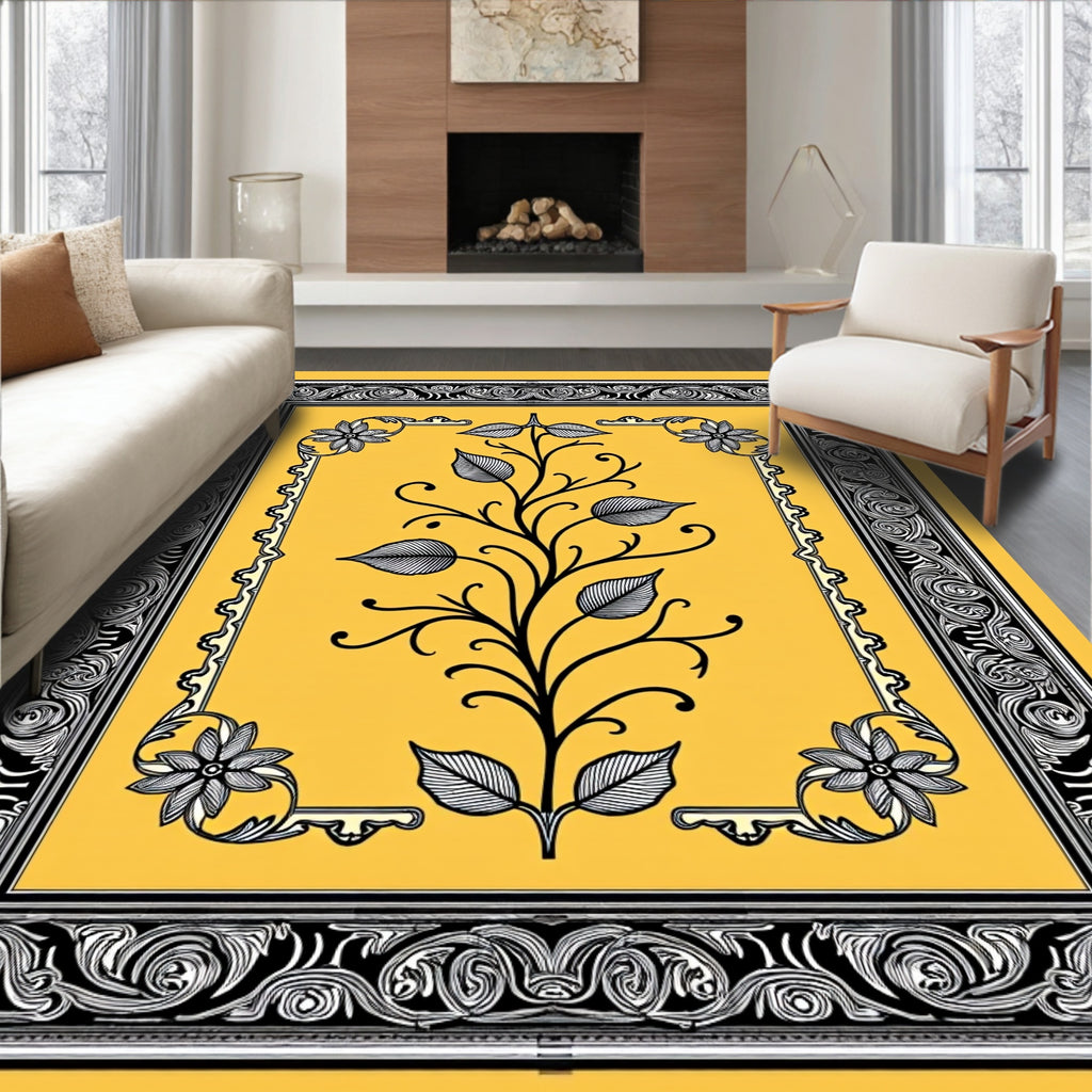 Gold Yellow Black Floral Scroll Border Rug