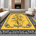 Gold Yellow Black Floral Scroll Border Rug