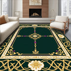 Ornate Green Gold Floral Border Rug