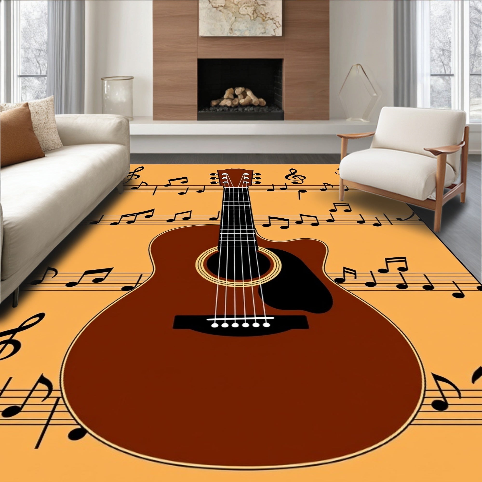 Brown Guitar with Musical Notes Rug