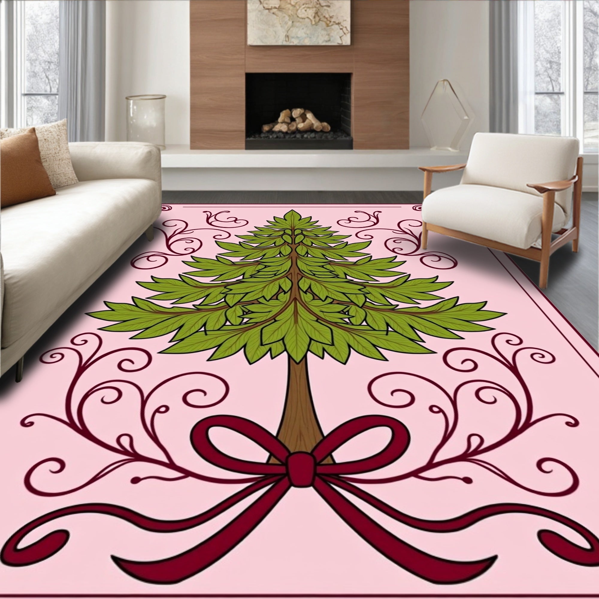 Victorian Green Christmas Tree Bow Rug