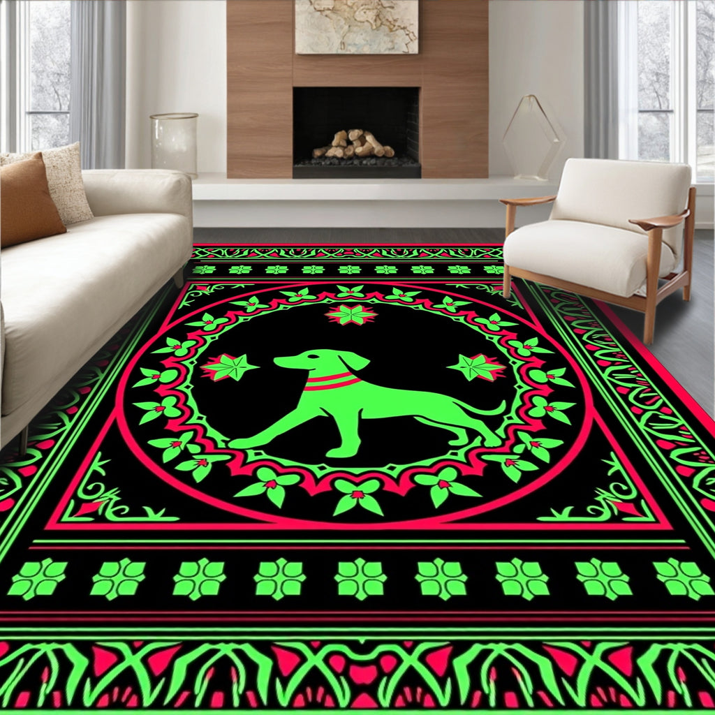 Neon Green Dog Floral Medallion Art Rug