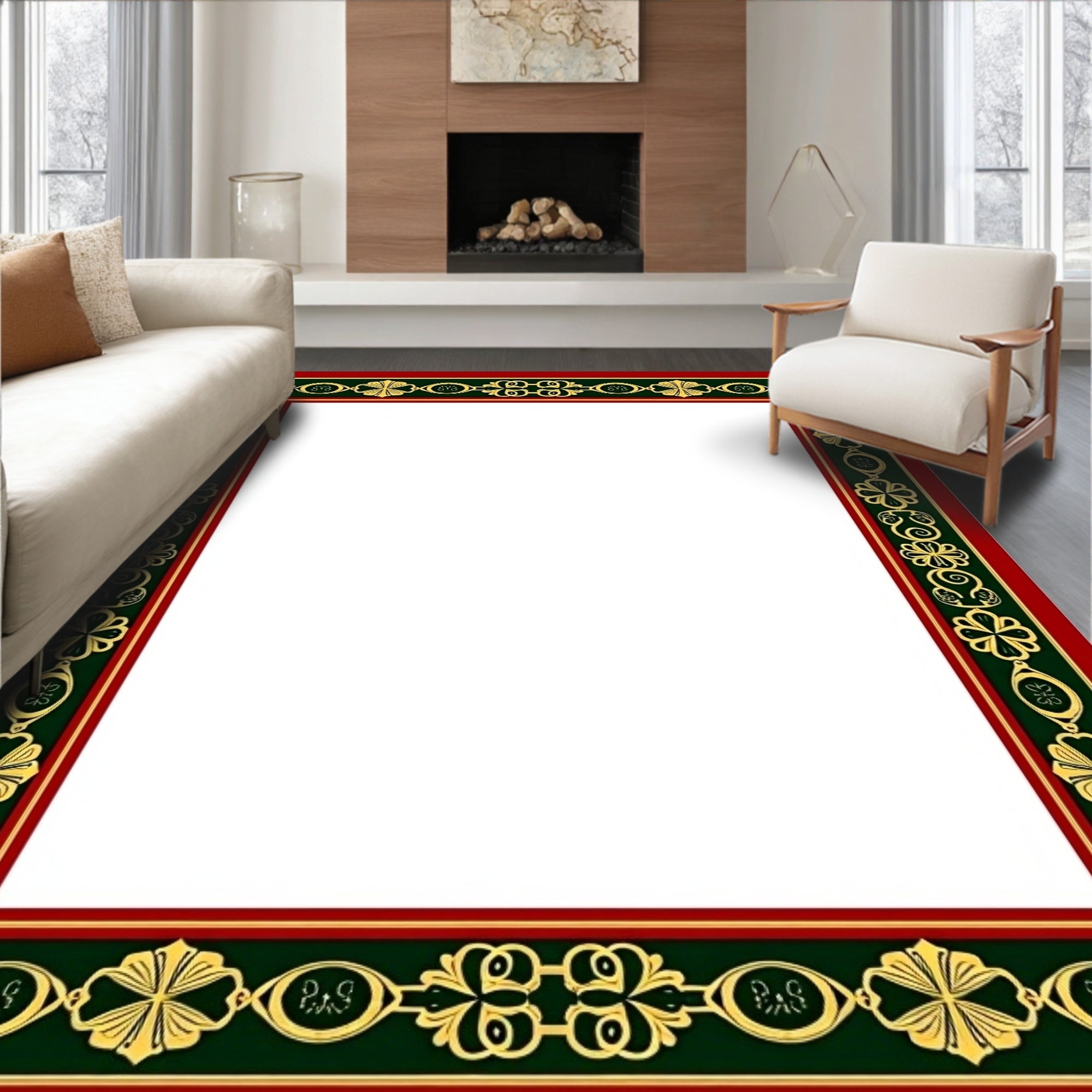 Rich Red Emerald Gold Floral Border Rug