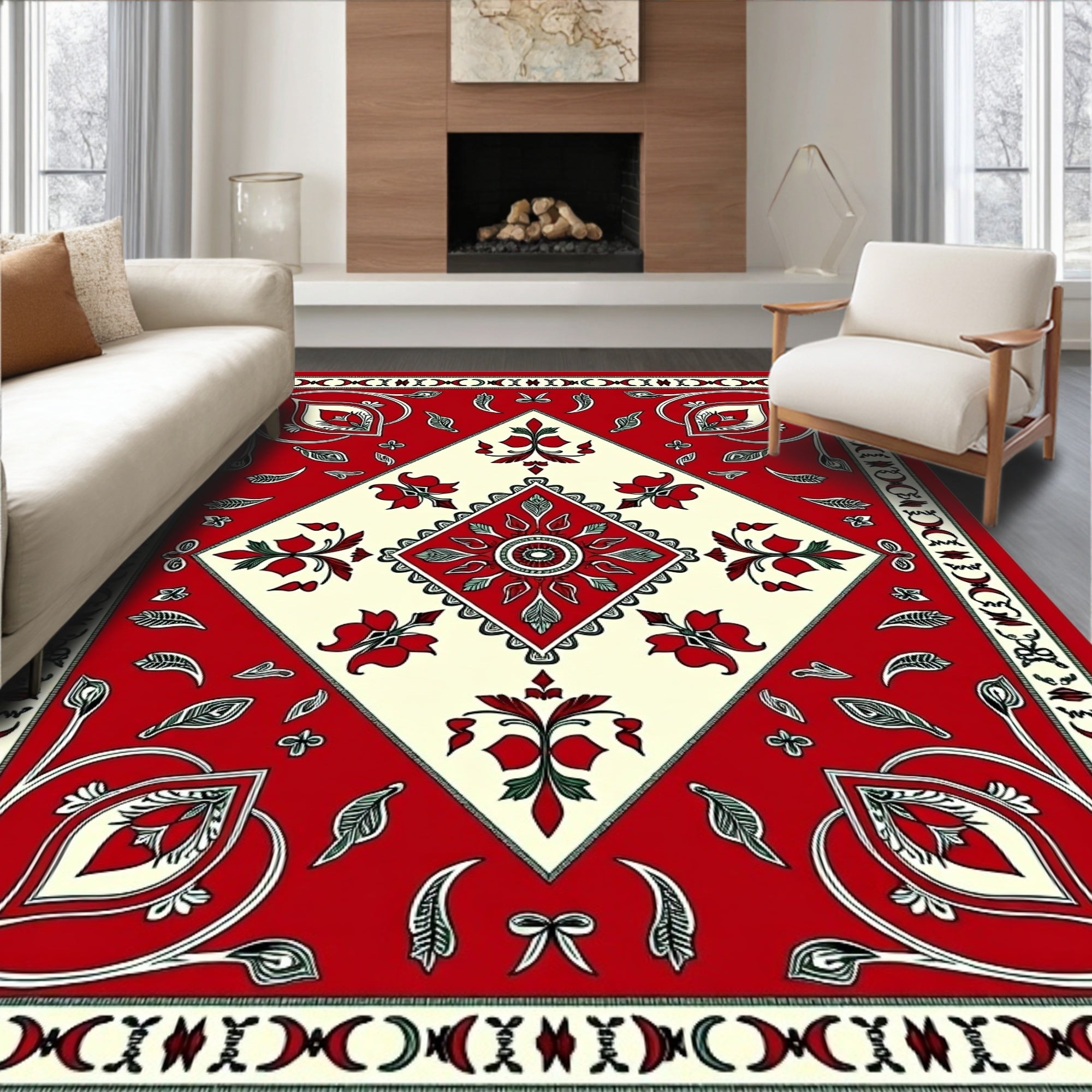Crimson Cream Paisley Diamond Medallion Rug