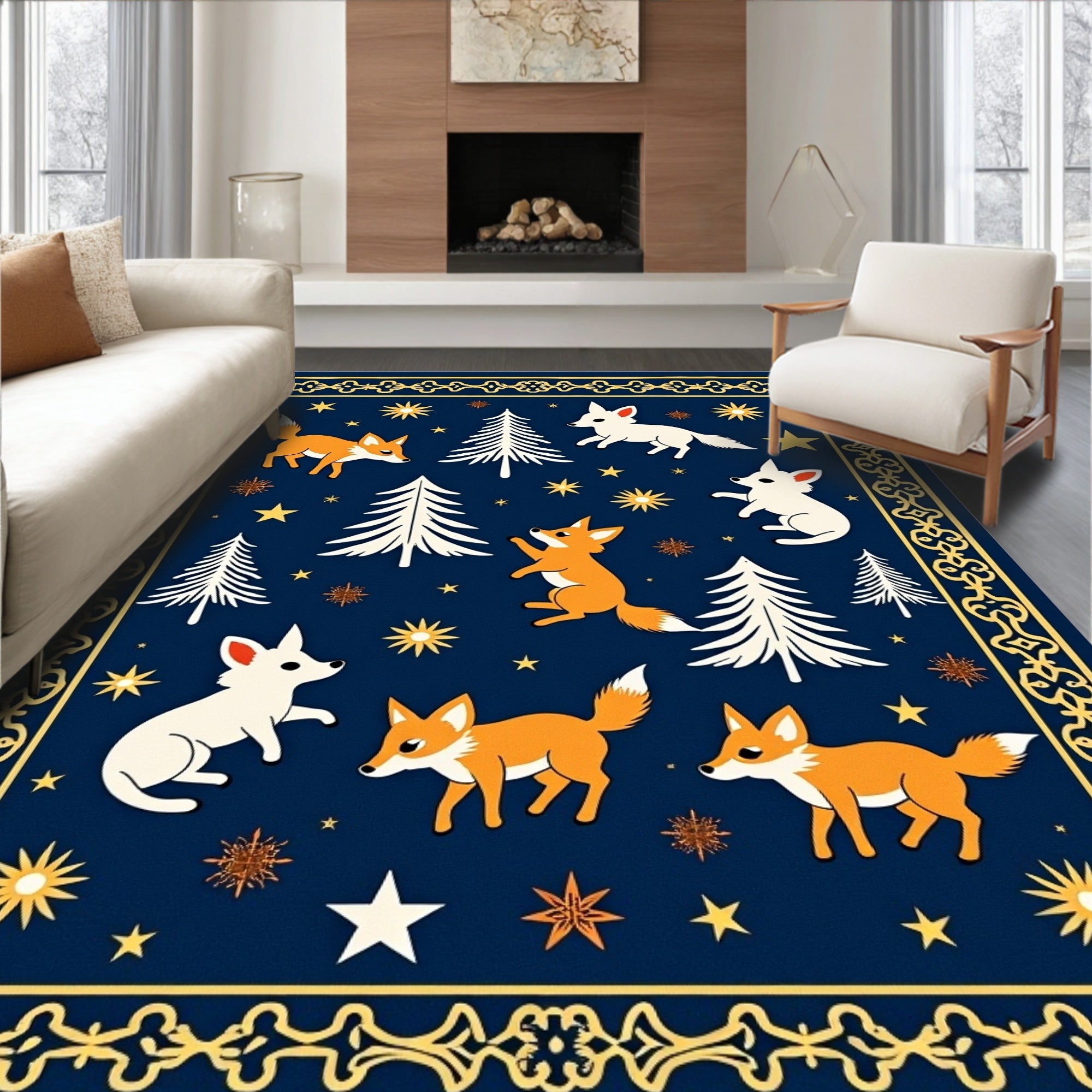 Whimsical Fox Forest Night Scene Rug