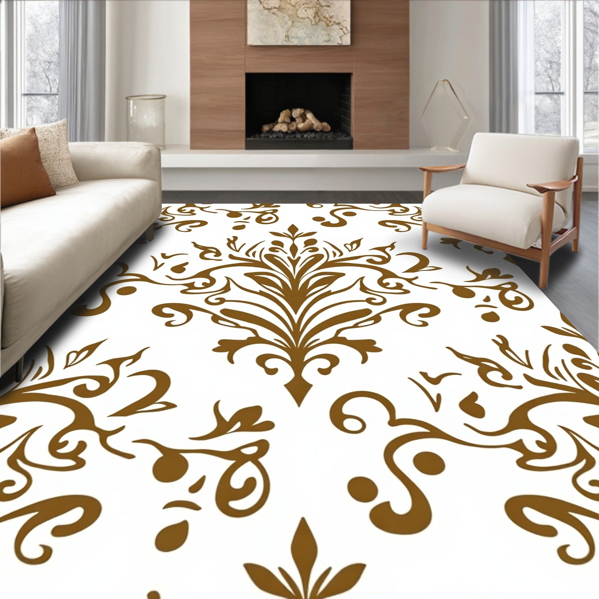 Brown Damask Scrollwork Medallion Rug