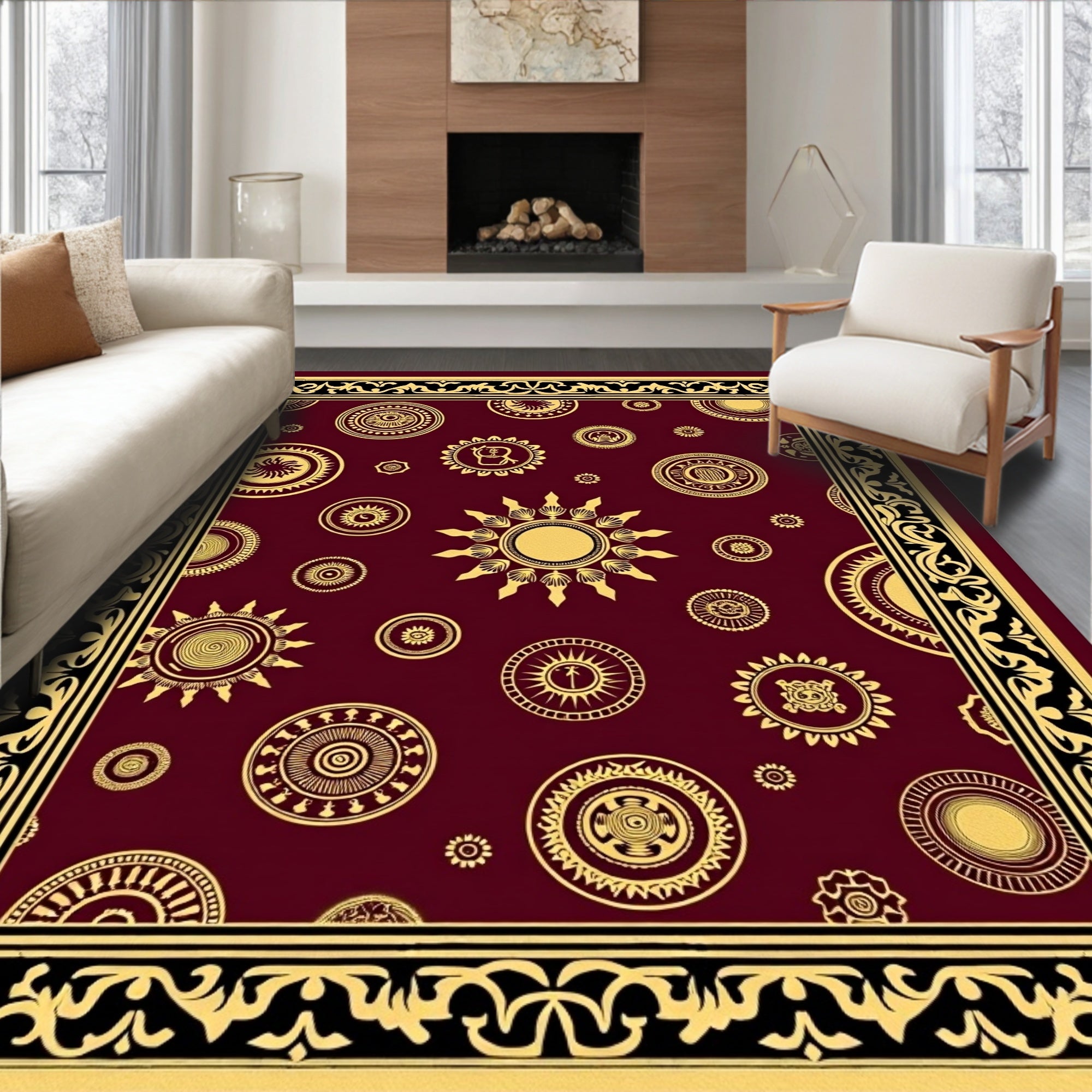 Crimson Gold Sun Medallion Bordered Rug