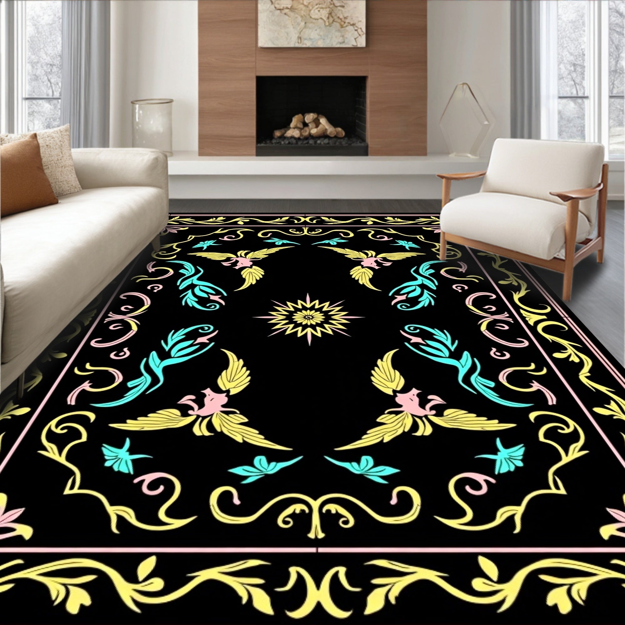 Whimsical Pink Yellow Blue Winged Creature Rug