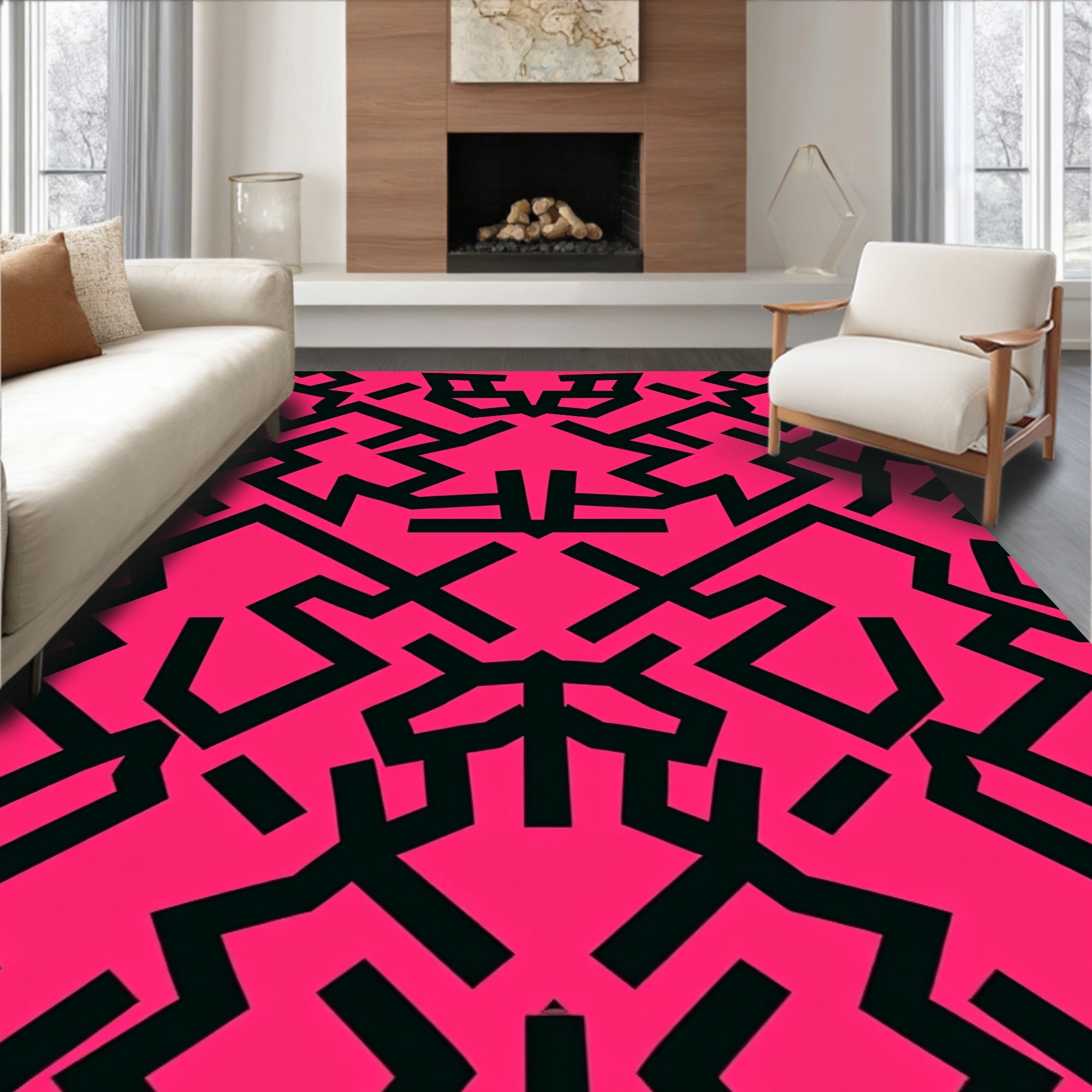 Vibrant Pink Black Geometric Fragment Rug