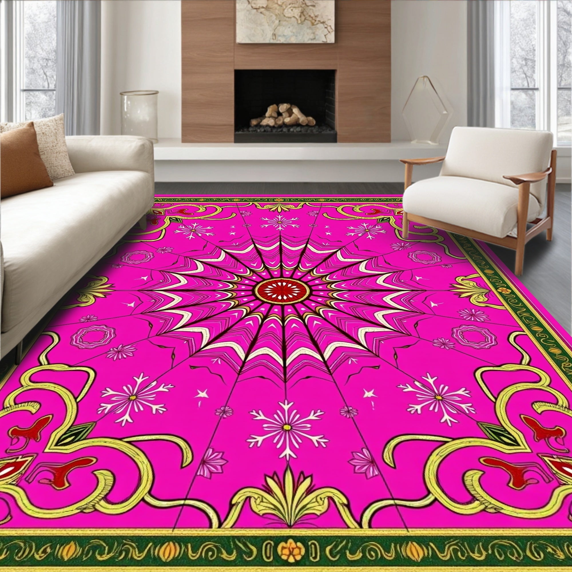 Vibrant Pink Sunburst Medallion Bordered Rug