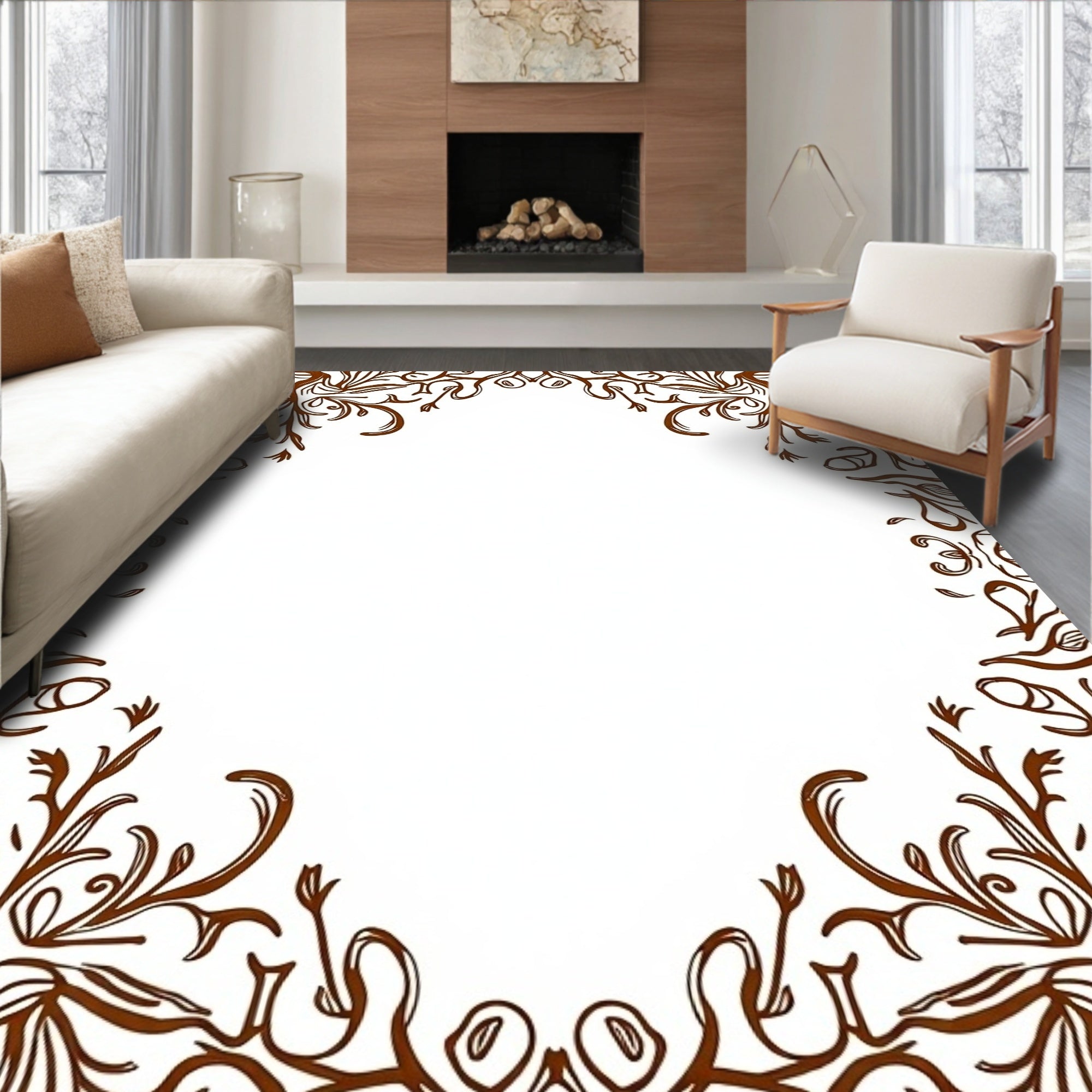 Brown Floral Swirl Mandala Rug