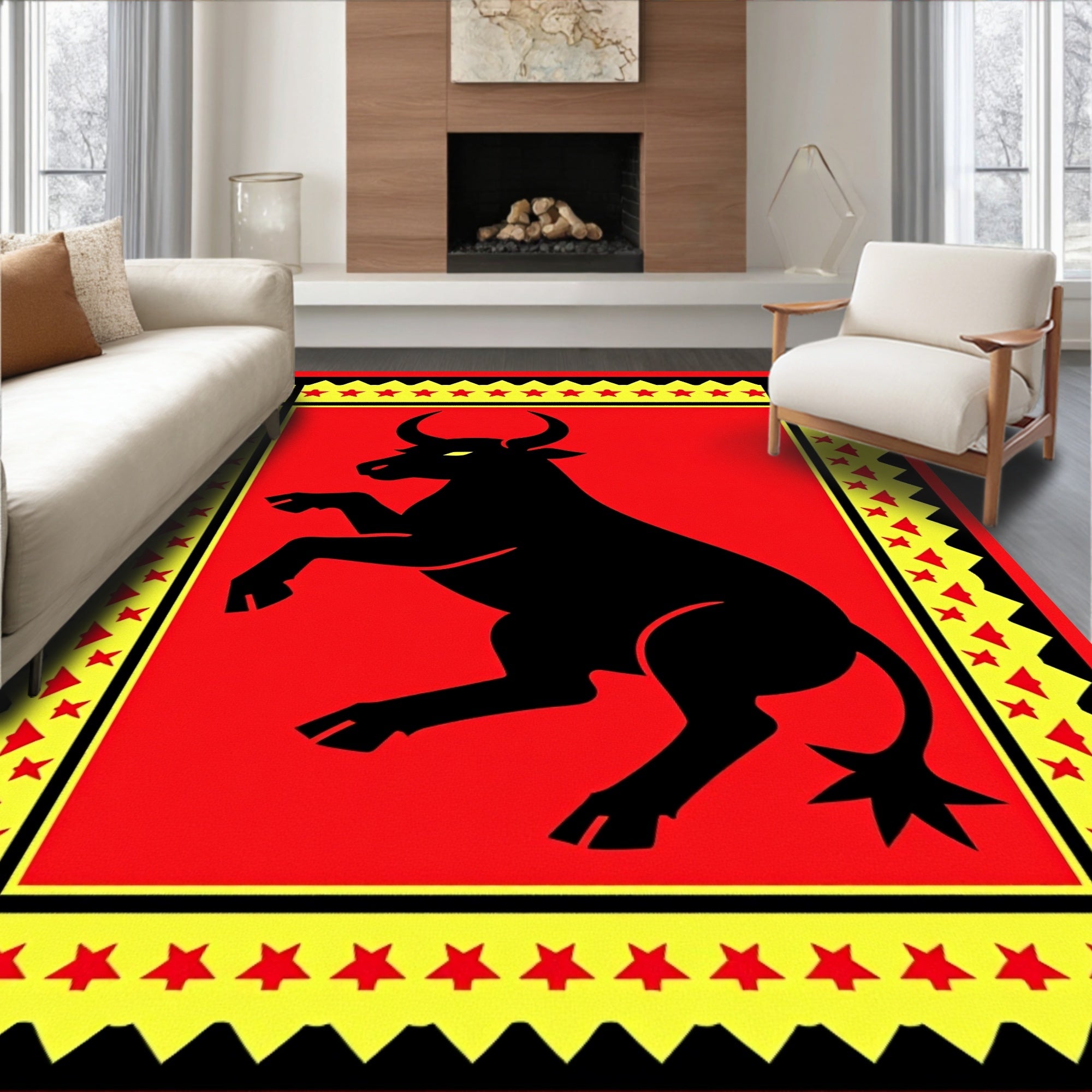 Bold Black Bull Red Star Border Rug