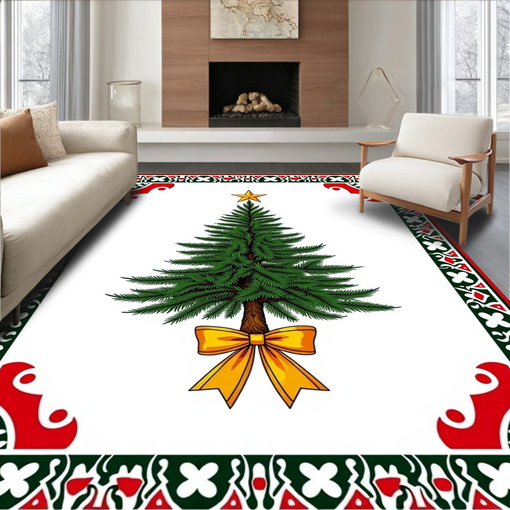 Green Fir Tree Golden Bow Frame Rug