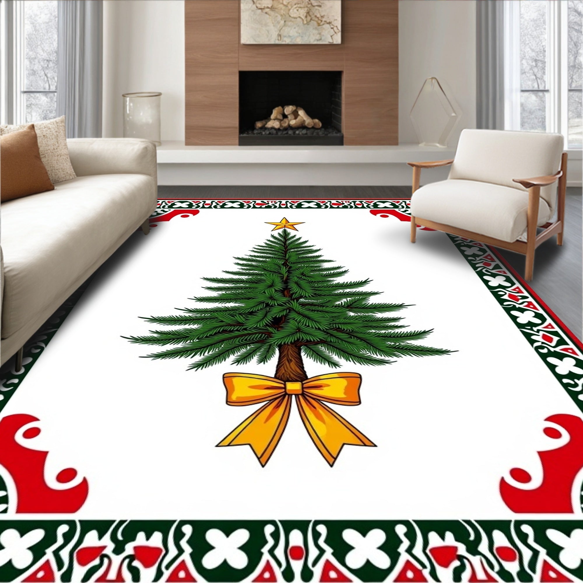 Green Fir Tree Golden Bow Frame Rug