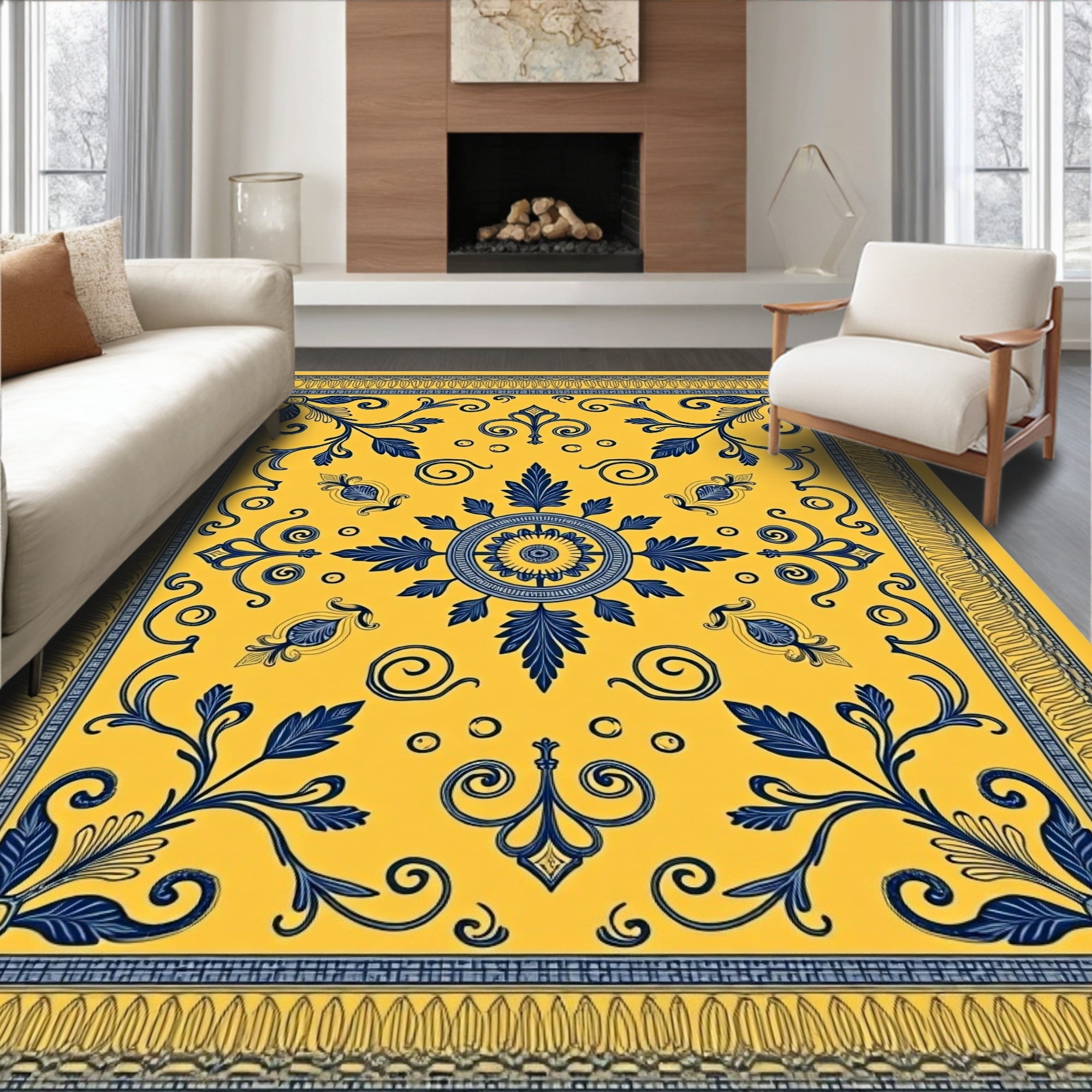 Golden Yellow Blue Floral Medallion Rug