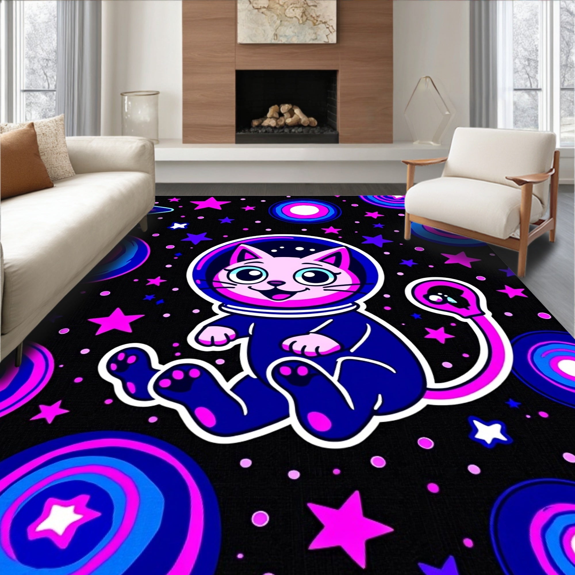 Cosmic Cat Astronaut Pink Blue Stars Rug