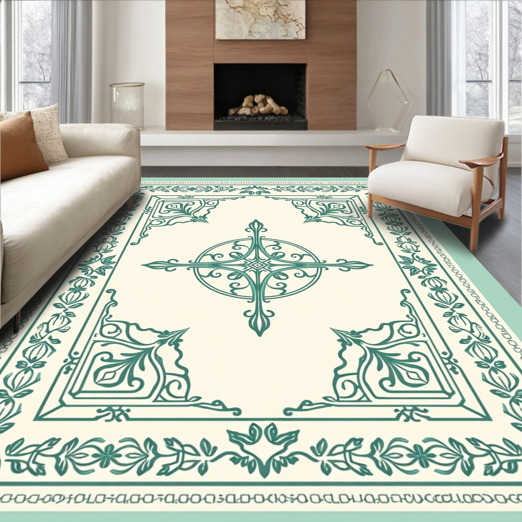 Teal Floral Medallion Quatrefoil Border Rug