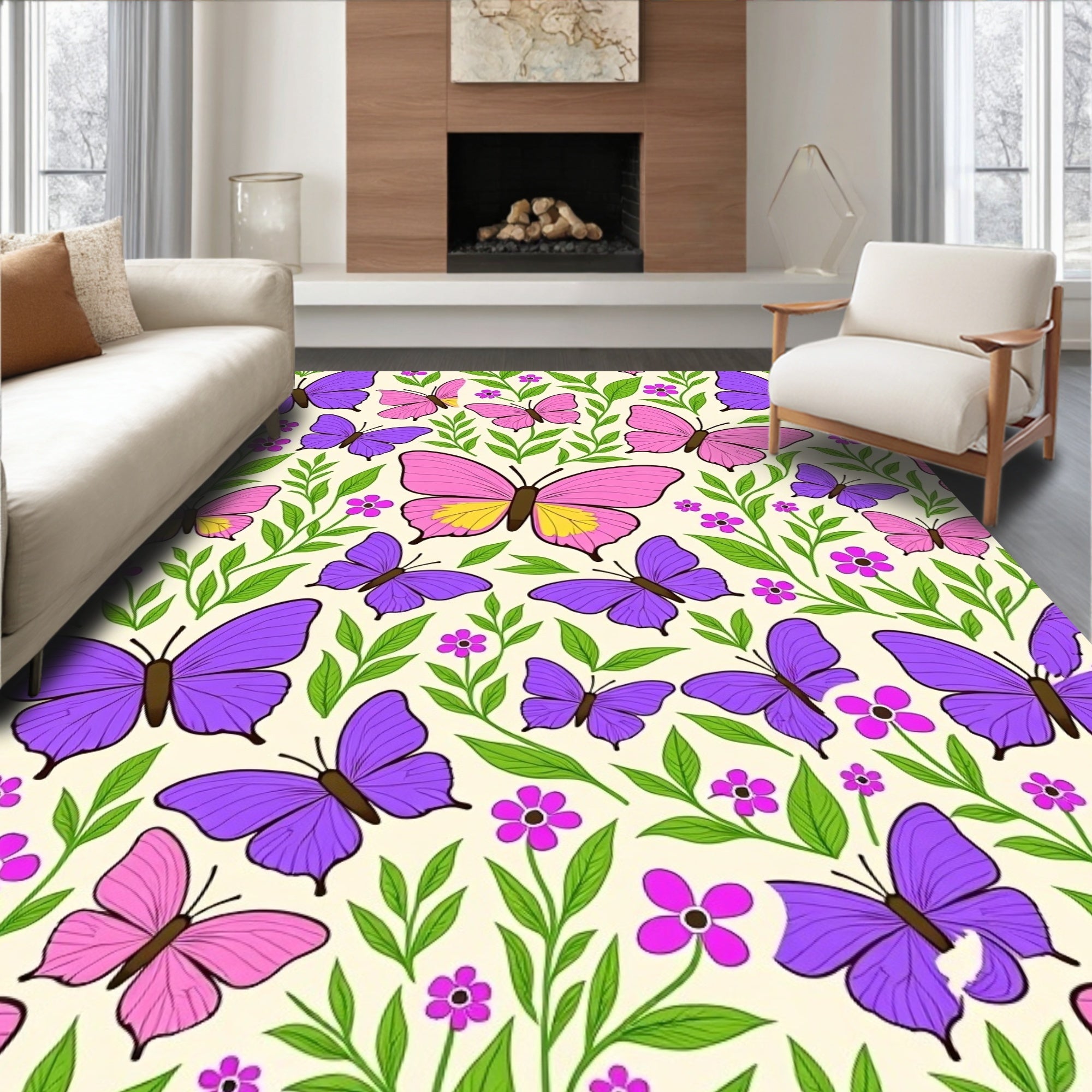 Purple Pink Butterfly Garden Scene Rug