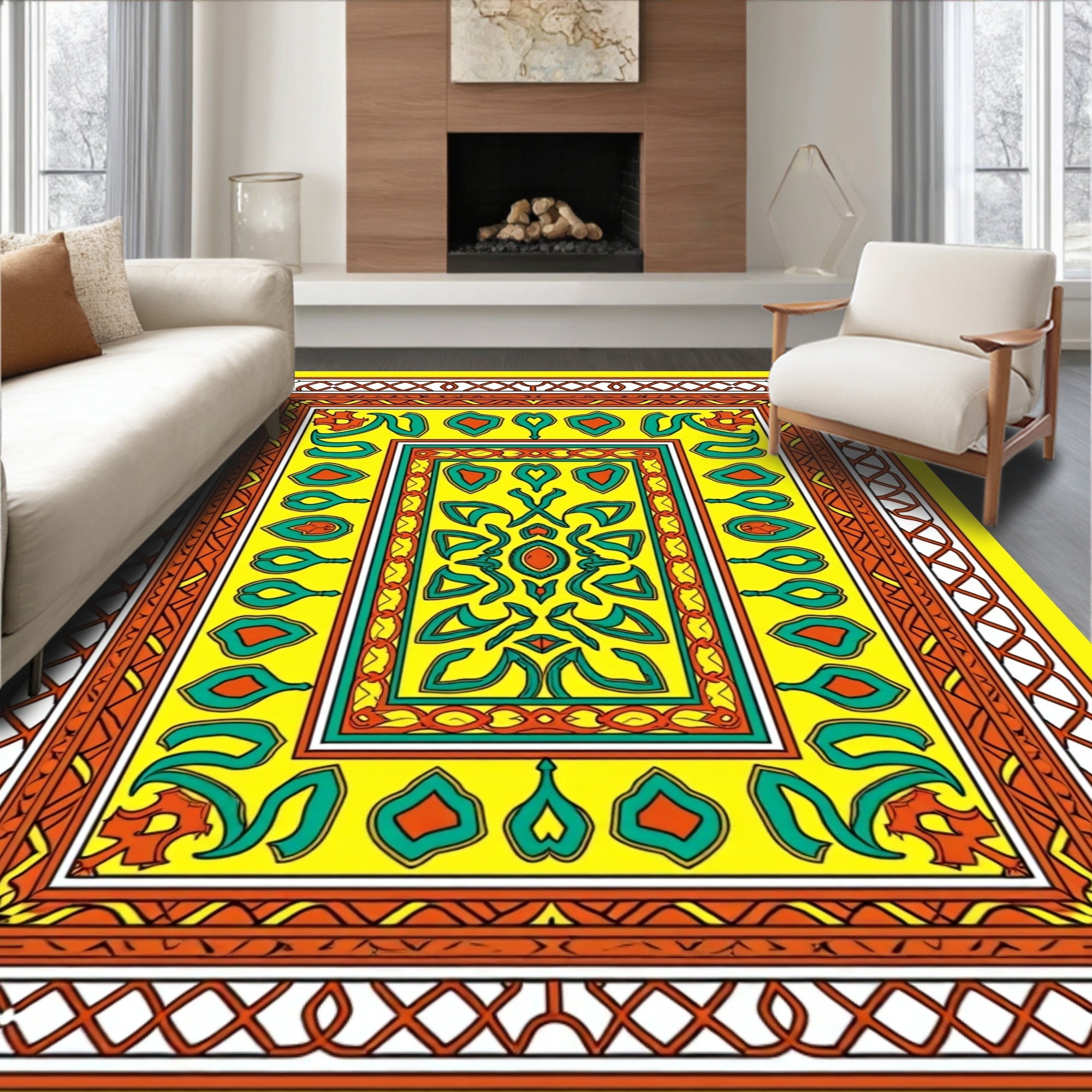 Vibrant Yellow Emerald Medallion Border Rug